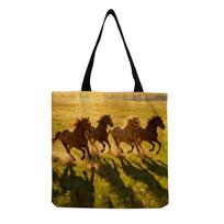Women Vintage Linen Tote Bag - Large Capacity Horse Print Shoulder Handbag for Casual & Grocery Shopping KTB hmk2619