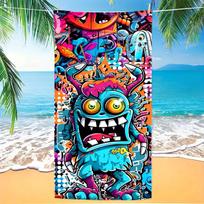 Vibrant Graffiti Monster Beach Towel Flat Print Microfiber Bath Towel for Summer Travel Pool Party Dorm Decor for Kids Boys W30*H60(CM)