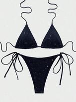 Blizgus žvilgantis petnešėlėmis surišamas Bikini 2025 Aukšto kirpimo Bikini Moteriškas maudymosi kostiumas Moterų maudymosi apranga Dviejų dalių Bikini rinkinys Maudymosi kostiumas S