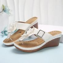 Flower Wedges Flip Flops for Women Metal Buckle Decor Platform Sandals Woman NEW Summer Non Slip Beach Slides Slippers L001 36 balta