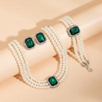 Layered Zircon Beads with Green/Red/Transparent Crystal Short Choker Necklace/Earring/Bracelect Set for Women Wedding Accessories žalia
