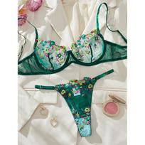 Lace Flower Embroidered Underwear Sexy Women's Bra Set Pure Desire Mesh Seduction Erotic Underwear Set Spot S tamsiai žalia spalva