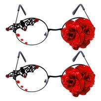 2pcs Retro Gothic Glasses Rose Steampunk Lolita Eyewear For Women Floral Embossed Punk Sunglasses Vintage Costume Accessories raudona
