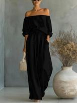 2026 European Casual Off-the-Shoulder Women's Two-Piece Wide-Leg Pants Suit XL juoda