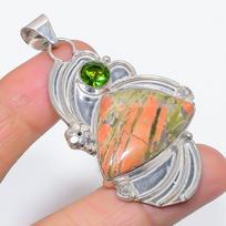 Unakite, Peridot Handmade 925 Sterling Silver Jewelry Pendant 2.56  Z6q93