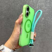 Magsafe saldainių spalvų kontrastingas dėklas su virvele iPhone 16 15 Pro Max 14 Plus 11 12 13, matinis minkštas TPU dangtelis su rankos riešo dirželiu For iPhone 16 Pro Max&Case & Strap šviesiai žalios spalvos