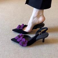 Sexy Purple Flower Sling Back Pumps Women 2025 Summer Elegant Pointed Toe High Heel Sandals French Retro Party Dress Pumps 35 juoda