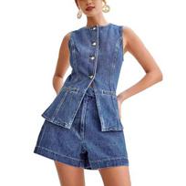 Yousheng Women's 2 Piece Denim Outfits Button Down Sleeveless Tank Top And Shorts Set Casual Business Jean Blazer Vest Set XL šviesiai mėlyna spalva