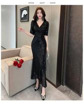 Black evening dress dress women's high-end light luxury niche banquet host sequined fishtail dress S juoda