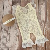 1 Set Off White Lace Bell Onesie Headband Country Cartoon baby Garment Infant Studio Portrait Shooting Photography Basic Outfit beveik baltos spalvos