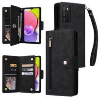 Piniginės dėklas, skirtas iPhone retro kortelių laikikliui su užtrauktuku kišenė PU odinis stovas su riešo dirželiu, smūgiams atsparus atverčiamas dangtelis, skirtas iPhone Samsung Google OPPO A93 juoda