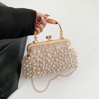 Dirbtinis perlas, deimantų inkrustuotas pečių krepšys, metalinis grandinės krepšys, moteriškas banketinis krepšys, madinga vakarinė sankabos rankinė 22x6x13cm chaki