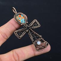 Multi Copper Spiny Oyster Gemstone Pure Copper Wire Wrapped Handmade Ankh Pendant Jewelry 3.31 Inches mėlyna
