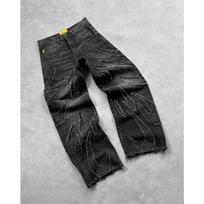 GLYDE Y2k Hip Hop Baggy Jeans Distressed Retro Black Pants Embroidery Harajuku Gothic Wide Leg Trousers Streetwear Pants M