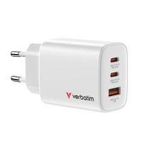 Verbatim GaN Travel Charger Essentials 65W, 2×USB-C PD, 1×USB-A QC, EU Plug, White
