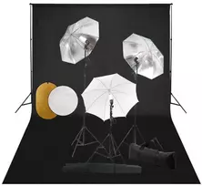 Studijos komplektas su šviestuvais/skėčiais/fonu/reflektoriumi