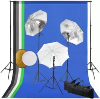 Studijos komplektas su šviestuvais/skėčiais/fonu/reflektoriumi