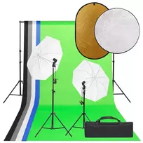 Fotostudijos rinkinys su šviestuvais, fonu ir reflektoriumi