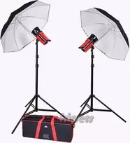 „Aurora Studio Kit Orion 400“ blykstės rinkinys 2 (2 žibintai, skėčiai, stovai)