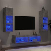 Sieninė TV sekcija su LED, 6 dalių, betono, apdirbta mediena