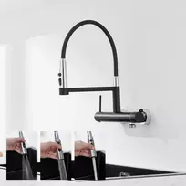Detbom virtuvinis sieninis maišytuvas su 3 srovės režimais ir elastinga 455 mm ištraukiama žarna, nerūdijantis plienas, juodas, DKG001MB-GL-EU