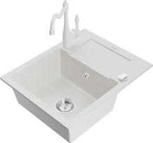 Mexen Enzo vienaaukštis granito kriauklė su nuvarvėtu ir Carla virtuvės maišytuvu, balta - 6506-20-670700-20, 576x465x174 mm