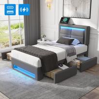 Minkšta lova 90x200 cm su LED USB ir 4 stalčiais pilka PU oda be čiužinio 1 vnt