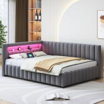 Minkšta lova sofa 140x200 cm aksomas su LED ir USB pilka be čiužinio 1 vnt