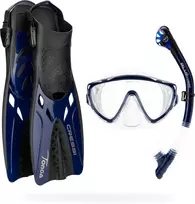 Cressi nardymo rinkinys su Tonga pelekiais, Tino kauke ir Scilla snorkeliu, grūdintas stiklas, Clear/Mėlyna Navy, L/XL
