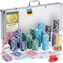 GOODS+GADGETS pokerio rinkinys su aliuminio lagaminu, 500 žetonų, kortos, kauliukai, sidabrinis