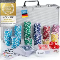 GOODS+GADGETS pokerio rinkinys su aliuminio lagaminu, 300 žetonų, kortos, kauliukai, sidabrinis