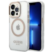 Guess MagSafe dėklas iPhone 14 Pro – skaidrus/auksinis