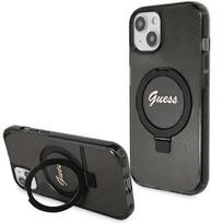 Guess MagSafe dėklas su žiedu-stovu iPhone 15 Plus/14 Plus – juodas