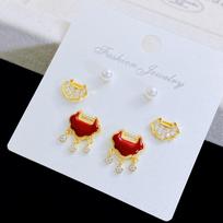 Kana Mina National Style Red Rhinestone Enamel Peace Lock Stud Earrings - 3 Pair Set