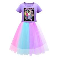 Kids Girls K-POP Rumi Zoey Mira Print Mesh Rainbow Round Neck Short Sleeves Casual Cotton Dress 100cm