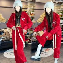 Wide-leg Pants Set - Women's Fall/winter Style Casual Hooded Zipper Pullover Two-piece Set L raudona