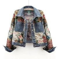 new versatile printing splicing long-sleeved lapel denim jacket women's trendy brand short small top jacket S recommends within 47.5 kg