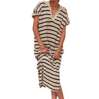 Women's Fashion V-Neck Striped Low Split Lapel Long Sweater Casual Dresses L smėlis