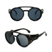 Steampunk Skydeliai Saulės Akiniai Vyrams Moterims Klasikiniai Saulės Akiniai Su Šonine Oda Apvalūs Akiniai Punk UV400 Lęšiai juoda