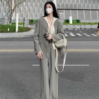 Temperamental Goddess Women's Autumn Suit Set: Elegant Wide-Leg Pants Two-Piece L gray