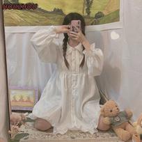Kawaii Suknelė Saldi Lolita Balta Suknelės ilgomis rankovėmis Pavasario rudeniniai raukiniai Peter Pan apykakle Preppy Style Laisvi Sagomis M balta