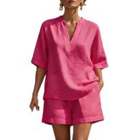 Women 2 Piece Outfit Summer Short Sleeve V Neck Pullover Top And Shorts Matching Sets Casual Vacation Travel Lounge Set XL rožinė raudona spalva