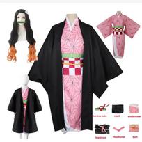 Kamado Nezuko Cosplay Costume Anime Demon Slayers Kimono Kimetsu No Yaiba Kamado Nezuko Costume Wig Uniform Hallween Women Kids L-(Full set+wig)