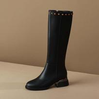 Krazing Pot Cow Leather Autumn Winter Shoes Thick Med Heels Big Size 45 Size 44 Size 46 Rivets Women Keep Warm Knee Boots 34 juoda