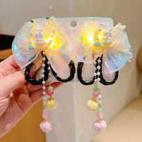 Jade Rabbit Bowknot Light-Up Hair Clip with Tassel for Girls - Hanfu Style