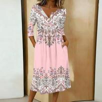 Women's Fashionable Color Printed Round Neck 3/4 Sleeve Button Collar Mid Length Casual Dress M rožinė
