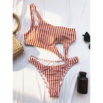 Seksualus asimetriškas vieno peties dryžuotas vientisas maudymosi kostiumas moterims Maudymosi kostiumai Moteriškas su pakietukais Maudymosi kostiumas Swim Lady S raudona