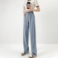 Icy Silk Baggy Jeans Women Summer American High Waist Wide Leg Straight Denim Pant Vintage Streetwear Casual Y2K M mėlyna