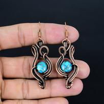 Blue Copper Turquoise Handmade Gemstone Earrings,  999 Copper Wire Wrap Earrings Antique Jewelry, For Engagement Gift 2.48 Inches