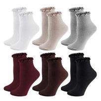 Yousheng 6 Pairs Women Socks Ruffle Edge Solid Color Anti-slip High Elasticity Ankle Length Low-cut Daily Sport Socks Great Gift for Mom Wife Daughter One Size B